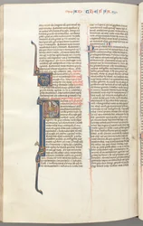 Fol. 454v, Thessalonicher I, historisierte Initiale P, Paulus sitzend mit einem Schwert und einem Buch..., ca. 1275-13