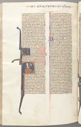 Fol. 455v, Thessalonicher II, historisierte Initiale P, Paulus sitzt mit einem Schwert..., ca. 1275-1300