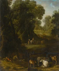 Waldinneres mit Reisenden und Viehhirten