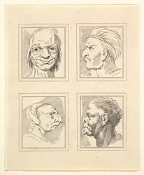 Vier Köpfe aus Characaturas von Leonardo da Vinci, nach Zeichnungen von Wincelslaus Hollar, 1786