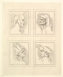 Vier Köpfe aus Karikaturen von Leonardo da Vinci, nach Zeichnungen von Wincelslaus Hollar