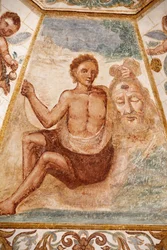 Fresko in der Dominikanerkirche, Muro Leccese, Apulien: Mann, der den Kopf von Johannes dem Täufer hält, Muro Leccese, Italien
