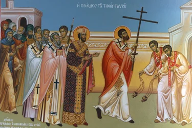 Fresko in der Heilig-Kreuz-Kirche, Pedoulas. Prozession des Kreuzes, 20150510, Pedoulas, Zypern