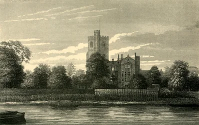Fulham Kirche, von der Themse, ca. 1878