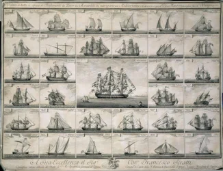 Gravur der Kriegs- und Handelsschiffe, die im Mittelmeer segelten