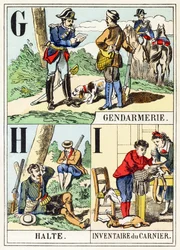 G H I : Gendarmerie, Halt, Inventar des Jagdbeutels - Das Jagdalphabet, ca. 1890 (Gravur)