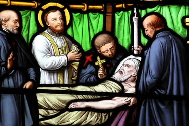 Genf, Genf, Schweiz, 5.7.2015 - Basilika Notre-Dame von Genf. Glasfenster. St. Vincent de Paul.