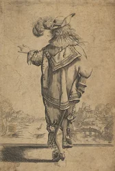 Herr von hinten gesehen, der auf eine Landschaft hinweist, nach 1629