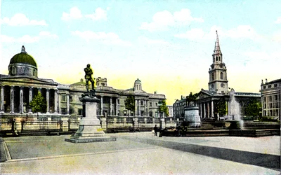 Gordons Statue und National Gallery, Trafalgar Square, London, 20. Jahrhundert