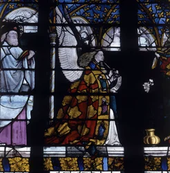 Gotische Architektur. Glasmalerei des Engels der Verkündigung, Detail des Engels, um 1450, vom Meister von Jacques Coeur (Jacob de Littem). Kathedrale von Bourges.