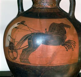 Griechische Vase, die einen Streitwagen darstellt, ca. 5.-6. Jahrhundert v. Chr.