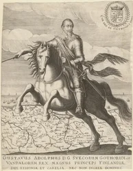 Gustav Adolf vor der Karte von Pommern im Hintergrund, 1630