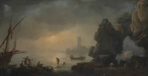 Hafenszene mit einer Grotte und Fischern, die Netze einholen