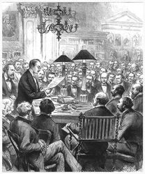 Heinrich Schliemann hält einen Vortrag in London, 1877