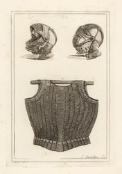 Helm, gefunden auf dem Schlachtfeld von Bosworth, und flexibler Kürass aus Metalllamellen auf Leder, der angeblich König Heinrich VIII. gehörte