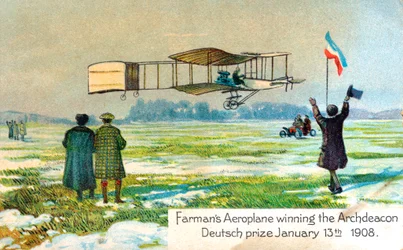 Henri Farman, französischer Flieger, gewinnt den Preis für den ersten Rundflug über einen Kilometer, Paris, Januar 1908
