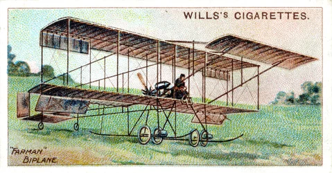 Henri Farman im Farman-Doppeldecker, französischer Flieger und Flugzeugkonstrukteur, um 1909