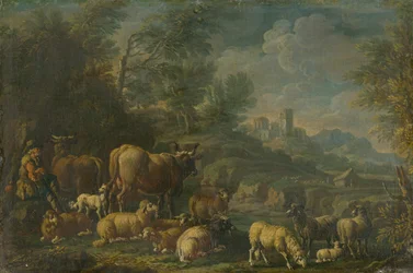 Hirte mit seiner Herde in romantischer Landschaft