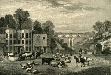 Highgate Archway Gate und Taverne in 1825, ca. 1876