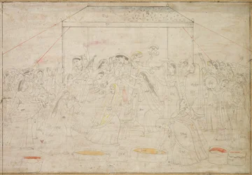 Hindu-Gott Krishna wird für das Frühlingsfest Holi in Frauenkleider gehüllt, c. 1790