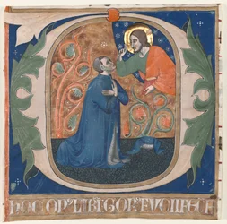 Historisierte Initiale O aus einem Antiphonar: Der Stifter, Gorus Fucci, kniet vor Christus