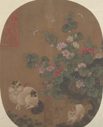 Stockrosen und Katzen