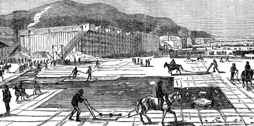 Eis sammeln auf dem Hudson River in der Nähe von New York, USA, 1875