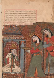 Ilar oder Irakht kurz davor, die Schale Reis auf den König zu werfen, Folio aus einem Kalila wa Dimna