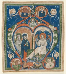 Initiale A [ngelus Domini descendit] aus einem Antiphonar: Die drei Marien am Grab, ca. 1280-1300