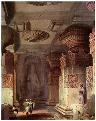 Innenraum eines Höhlentempels, Ellora, Maharashtra, Indien, 19. Jahrhundert 1956