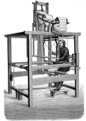 Jacquard-Webstuhl, mit Girlanden von Lochkarten, aus denen das Muster gewebt wurde, 1876