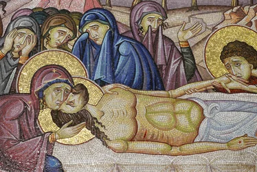 Jesus im neuen Grab von Joseph von Arimathäa, Detail des Mosaiks, Grabeskirche, Jerusalem, Israel