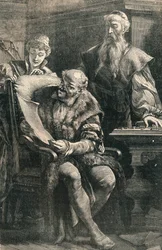 Johannes Gutenberg zeigt Faust einen Teil des ersten gedruckten Buches