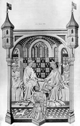 John Talbot, Earl of Shrewsbury, überreicht Margaret von Anjou ein Buch, ca. 1445, 1910