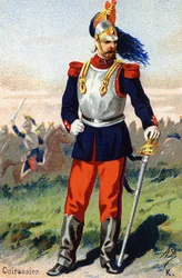 K: Kürassier. Gravur in "Militäralphabet". Initialen des Illustrators: A. D. Unbekannter Verlag. Chromolithographien Ende des 19. Jahrhunderts.