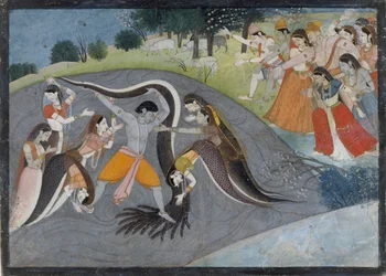 Krishna bezwingt Kaliya, den Schlangendämon: Folio aus einer Bhagavata Purana Serie, ca. 1785