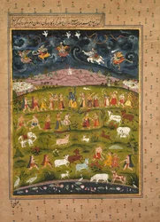Krishna stützt den Berg Govardhana