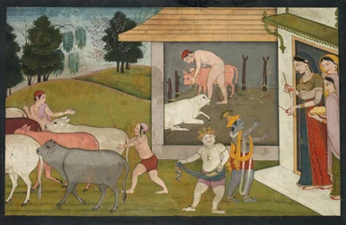 Krishna und Lakshmana treiben das Vieh zur Weide, Seite aus dem Bhagavata Purana, ca. 1780-1790