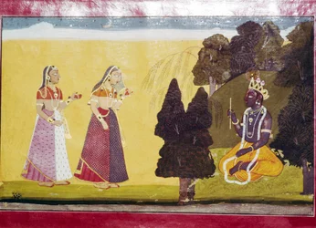Krishna mit Flöte, von zwei Damen angesprochen