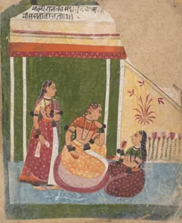 Damen in einem Pavillon... aus einer verstreuten Ragamala-Serie, Girlande der musikalischen Modi, ca. 1640-50