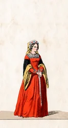 Hofdame, Kostümentwurf für Shakespeares Stück Heinrich VIII