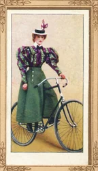 Dame auf Fahrrad mit geteiltem Rock, 1939