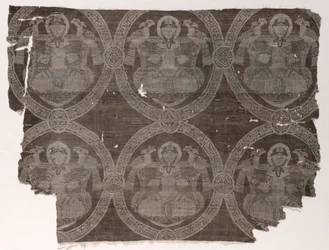 Lampas-Fragment mit sitzendem Prinzen, der Falken in kufischen Medaillons hält, 1654-1955