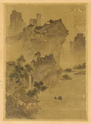 Landschaft: Klippen überhängendes Wasser - Pavillon und Kiefern, möglicherweise Ming-Dynastie