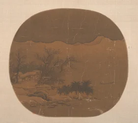 Landschaft mit Fischerdorf und Boot auf dem See