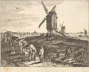 Landschaft mit Windmühlen und Karren