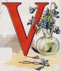 Buchstabe V: Vase mit Veilchen. Gravur in "ABC L