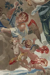 Leben der Jungfrau Maria: „Die Krönung der Jungfrau Maria“ Detail mit Engeln. Wandteppich aus Wolle und Seide, gefertigt in der Werkstatt von Pierre Damour nach Zeichnungen von Charles Poerson (1609-1667)