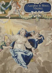 Leben der Jungfrau: „Die Himmelfahrt“ Detail Wandteppich aus Wolle und Seide hergestellt in der Werkstatt von Pierre Damour nach den Zeichnungen von Charles Poerson (1609-1667)