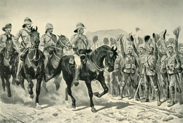 Lord Roberts wird bei seiner Ankunft am Wonder River von den Truppen bejubelt, 1901